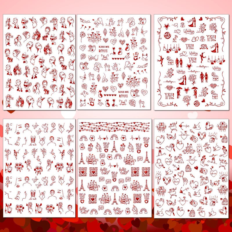 TailaiMei Valentine's Day Metallic Nail Art Stickers, Abstract Minimalist Self-Adhesive Kiss Love Hug Glittering Design for Women Manicure DIY or Nail Salon(934pcs, 12 Sheets) - Image 3